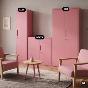 Keskeny fém irodai iratszekrény, púderrózsaszín, 450x1850x400 mm: ALEX Fresh Style