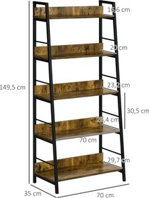 HOMCOM Ipari Stílusú Dőlt 5-Szintes Könyvespolc 70L x 35W x 150H cm | Aosom