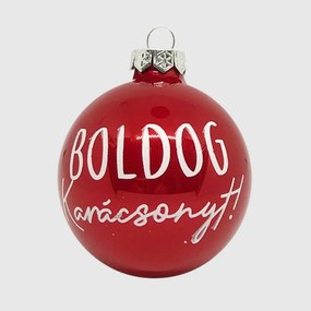 Piros Boldog karácsonyt feliratos kézzel festett karácsonyi üveggömb szett, 7 cm, 6 db