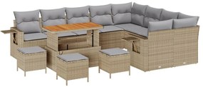 12 darabos Kert Kanapé szett párnákkal Bézs Poli Rattan Akácia, 3 darabos Kert Étkező Szett párnákkal Bézs Poli Rattan Akácia