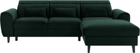 Sötétzöld bársony kinyitható-tárolóhelyes sarokkanapé (jobb oldali-heverő résszel) Foble – ELTAP