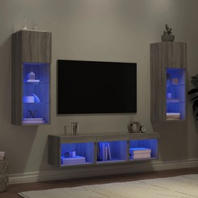 5 darab szürke sonoma színű szerelt fa fali TV-bútor LED-del