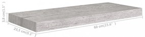 2 db betonszürke MDF lebegő fali polc 60 x 23,5 x 3,8 cm