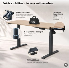 Elektromos íróasztal magasságállítással ergonomikus antracit/sonoma tölgy,1400x700 mm: ARIA