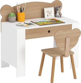AIYAPLAY Gyerek Asztal Szett, Asztallappal & Fiókkal, Gyermek Asztal és Szék Medve Formájú Diákszék Fiúknak és Lányoknak, Természetes Fa | Aosom