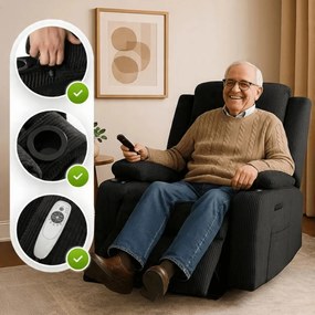 Elektromosan Vezérelhető Masszázsfunkciós Relaxfotel Fekete Kordbársony Kárpittal. BOX2