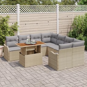 9 Darabos Kerti Kanapé Szett Párnákkal Bézs Poly Rattan Akácia, 2-Fős Kerti Kanapé Párnákkal Bézs Poly Rattan