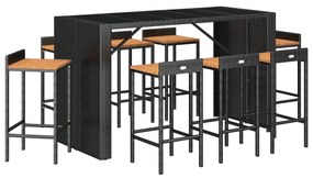 9 részes fekete polyrattan és tömör akácfa kerti bárszett