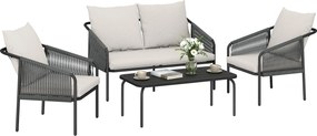 Outsunny 4 részes polyrattan kerti lounge szett – kétszemélyes kanapé, 2 fotel és kisasztal, levehető párnákkal, acélváz – khaki | Aosom
