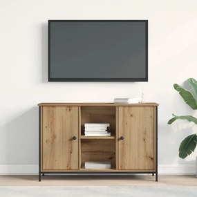 TV Szekrény Fekete Tölgy 101x35x65 cm Műanyag Fa és Acél