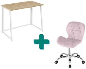 Dolgozószobai szett – összecsukható íróasztal ZARIMO 80×40 cm fehér + irodai szék AVOLA VELVET rózsaszín