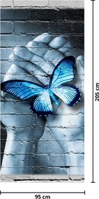Fotótapéta ajtóra - Kék pillangó a falon (95x205cm)