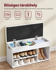 SONGMICS párnázott cipőpad ülés alatti tárolóval, 3 nyitott rekesszel, 80 cm, fehér