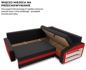 Grande sarokkanapé polcokkal , polc a jobb karfaban, jobboldali, szövet anyag, bonell töltet, fekete - piros