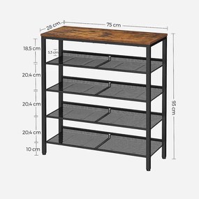 Cipőtartó, cipőspolc állítható hálós polccal, rusztikus barna, fekete