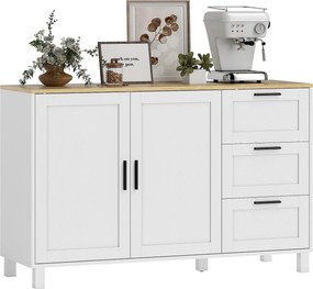 HOMCOM tálalószekrény lassan záródó ajtókkal, modern tárolószekrény 3 fiókkal, állítható polccal és 5 lábbal, nappali szekrény 120 x 38 x 76 cm, fehér
