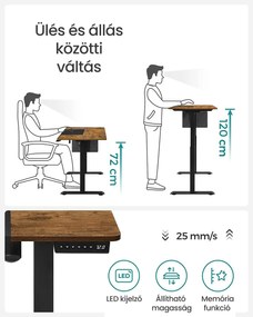 Állítható magasságú elektromos íróasztal 140 x 60 cm, vintage barna/fekete