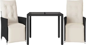 vidaXL 3 részes fekete polyrattan bisztrógarnitúra párnával