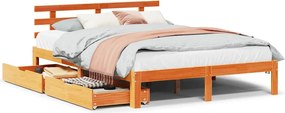 vidaXL viaszbarna tömör fenyőfa ágykeret fiókokkal 150 x 200 cm