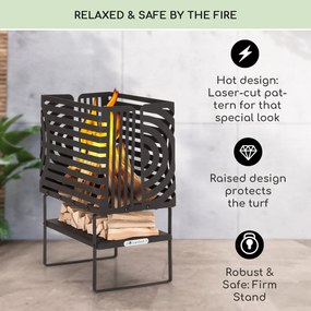 Blumfeldt Krakatoa, tűzrakóhely, tömör acél, fa tárolórekesz, lézer-vágott design