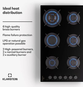 Klarstein Goldflame 6, gáz főzőlap, önálló, 6 égő, oldalsó vezérlés, gáz/propán, üvegkerámia, fekete