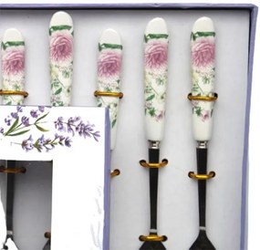 Rózsaszín virágos kiskanál szett porcelán nyéllel - 6 személyes - díszdobozos