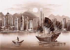 Kép - Victoria Harbour, Hong Kong, szépia hatás (üvegen) (70x50 cm)