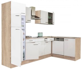 Yorki 280 sarok konyhabútor sonoma tölgy korpusz,selyemfényű fehér fronttal felülfagyasztós hűtős szekrénnyel