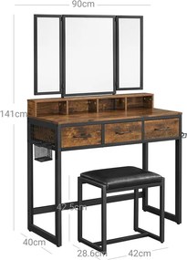 PIERRE fésülködőasztal puffal műbőrből, 90x40x141cm, barna/fekete Vasagle