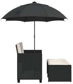 2 személyes fekete polyrattan kerti kanapé napernyővel/székkel