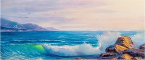 A sziklákat megütő hullámok képe, olajfestmény (120x50 cm)