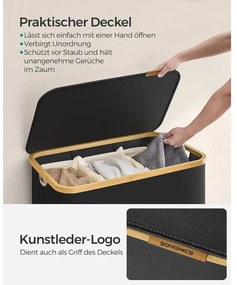 SONGMICS szennyeskosár fedéllel – 3 rekeszes ruhagyűjtő, 150 L űrtartalommal fekete színben