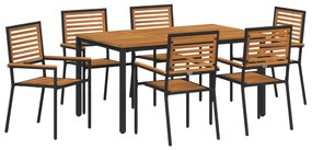7 darabos kerti étkezőszett Fekete Polyrattan Akác, Egymásra rakható kerti székek párnákkal 2 db Fekete Polyrattan, Kerti asztal 150x90x75 cm Masszív Akácfa és Fém