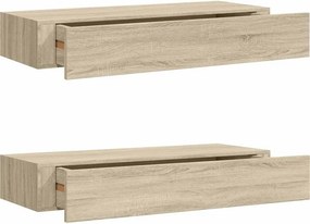 vidaXL 2 db tölgyszínű MDF falra szerelhető fiókos polc 60x23,5x10 cm