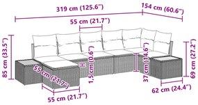 7 darabos kerti kanapé szett párnákkal, fekete poli rattan akáciával