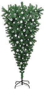 Felfele fordított műfenyő fényekkel és gömbökkel Zöld 210 cm