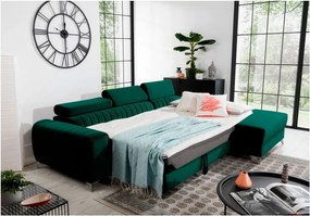 Zöld bársony kinyitható-tárolóhelyes sarokkanapé (jobb oldali-heverő résszel) Grayson – ELTAP