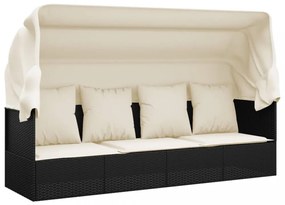 fekete polyrattan kültéri társalgókanapé tetővel és párnákkal