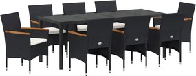 vidaXL Kert étkező szett párnával 9 pcs Fekete polirattan