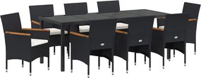 vidaXL Kert étkező szett párnával 9 pcs Fekete polirattan