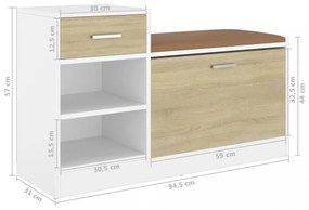 fehér és sonoma tölgy szerelt fa cipőtároló pad 94,5x31x57 cm