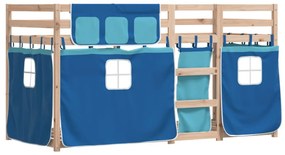 kék tömör fenyőfa emeletes ágy függönyökkel 90 x 190 cm