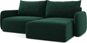 Sötétzöld bársony kinyitható-tárolóhelyes sarokkanapé (jobb oldali-heverő résszel) Kalena – Makamii