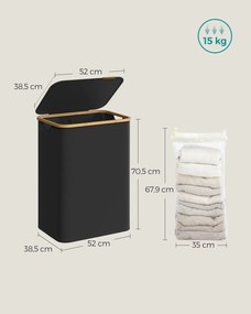 szennyeskosár fedéllel 130l, 2 rekeszes nagyméretű szennyes tartó, fekete