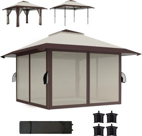 Outsunny 4x4m Vízálló Állítható Magasságú Gyorsan Felállítható Összecsukható Pavilon Hálóval UV 50+ Mobil Partytáborozó Sátor, Kerti Pavilon Válltáská