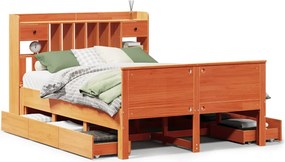 vidaXL barna tömör fenyőfa könyvespolcos ágy matrac nélkül 140 x 190cm