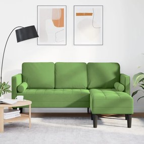 Kerti Kanapé Párnákkal és Ülőgarnitúrával L-alakú Világos Zöld Bársony, 3-Fős Kanapé Chaise L-alakú Világos Zöld 160 cm Bársony, Pad Világos Zöld 113x57x39 cm Bársony