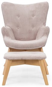 Világos rózsaszín kordbársony fotel lábtartóval Niko – Ropez