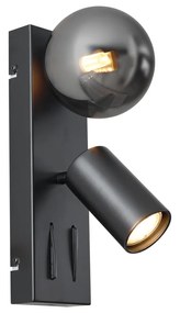 Modern fekete fali lámpa 2 égős, dönthető USB-C porttal - Lesly