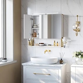 Fürdőszobai tükrös szekrény világítással, fehér-arany, 14,5×70×70 cm